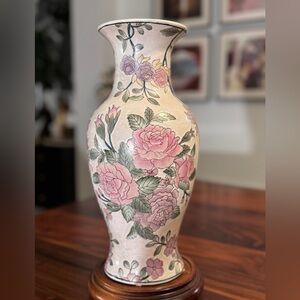 Vintage Rose Floral Vase Design is etched in and then glazed signed HFP Macau